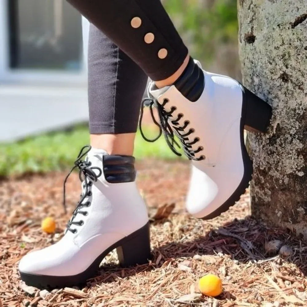 White Chunky Heel Ankle Booties Women’s Round Toe Shoes - Picture 2 of 9
